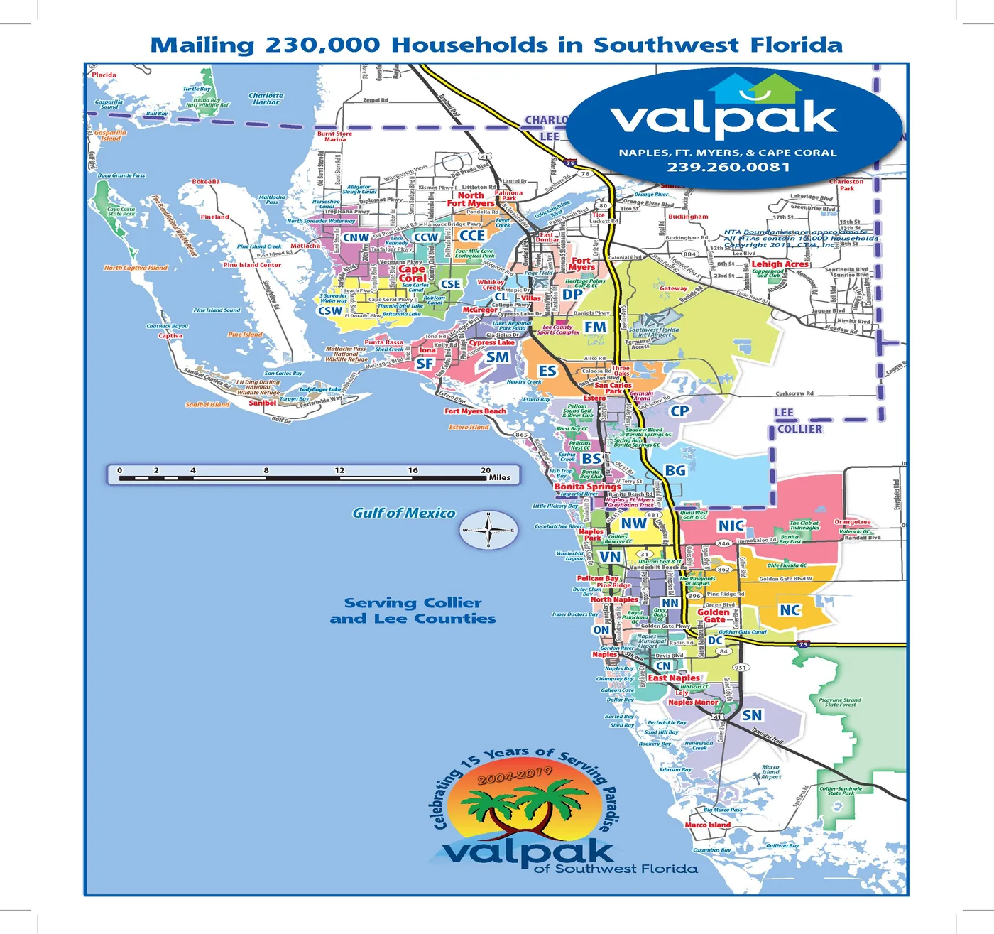 The Valpak of Southwest Florida mailing map, showing the direct mail regions across Collier and Lee counties.